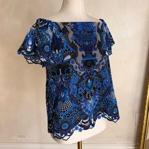 Women's Alice + Olivia Guipure Blue and Black Lace Off-Shoulder Top‎